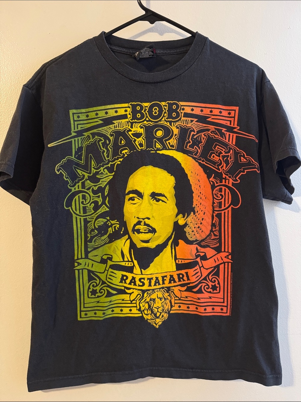 Zion Rootswear Black Bob Marley Rastafari Tee with Green Yellow Orange Print